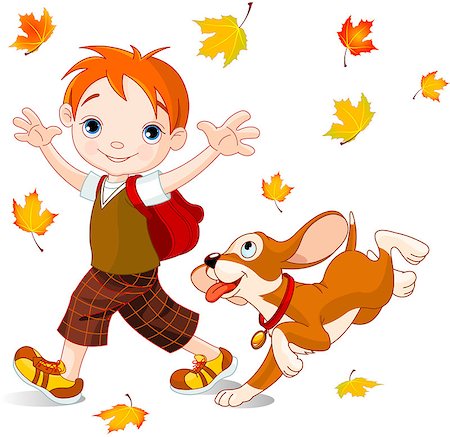 Cute boy with dog walks to school at autumn day Stock Photo - Budget Royalty-Free & Subscription, Code: 400-08194545