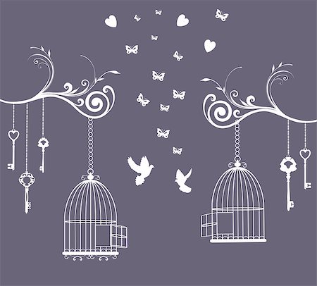 designs birds - vector illustration of a vintage card with cage open and keys Stock Photo - Budget Royalty-Free & Subscription, Code: 400-08194890