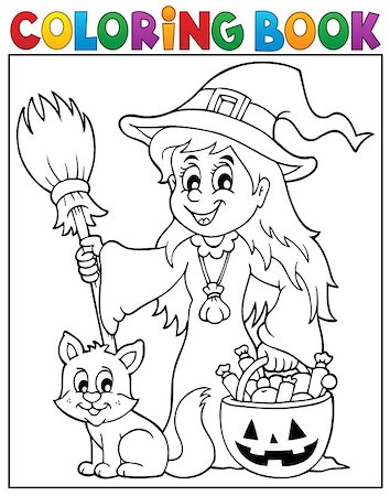 simsearch:400-05686860,k - Coloring book cute witch and cat - eps10 vector illustration. Stock Photo - Budget Royalty-Free & Subscription, Code: 400-08195436