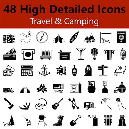 simsearch:400-07114343,k - Set of High Detailed Travel and Camping Smooth Icons in Black Colors. Suitable For All Kind of Design (Web Page, Interface, Advertising, Polygraph and Other). Vector Illustration. Stock Photo - Budget Royalty-Free & Subscription, Code: 400-08197854