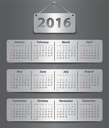 simsearch:400-07215674,k - Calendar for 2016 year in English attached with metallic tablets. Vector illustration Stock Photo - Budget Royalty-Free & Subscription, Code: 400-08197947