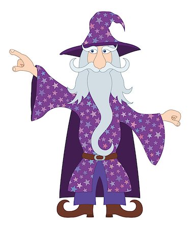 Wizard, cartoon character, in violet starred costume standing and pointing his finger at something. Vector Stock Photo - Budget Royalty-Free & Subscription, Code: 400-08198019