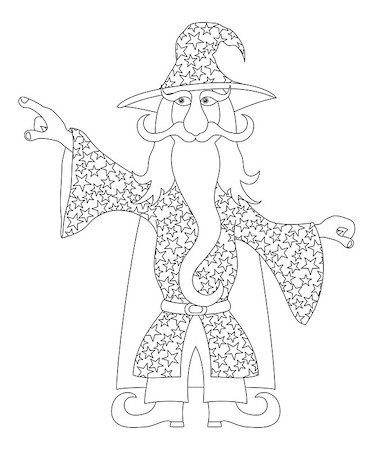 Wizard, cartoon character, in starred costume standing and pointing his finger at something, contour. Vector Stock Photo - Budget Royalty-Free & Subscription, Code: 400-08198020