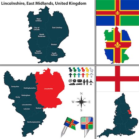 Vector map of Lincolnshire in East Midlands, United Kingdom with regions and flags Stock Photo - Budget Royalty-Free & Subscription, Code: 400-08198218