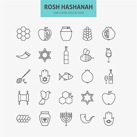 Line Jewish New Year Holiday Icons Big Set. Vector Collection of 25 Autumn Rosh Hashanah Holiday   Modern Thin Line Icons for Web and Mobile. Israel Traditional Icons Bundle Stock Photo - Budget Royalty-Free & Subscription, Code: 400-08199178