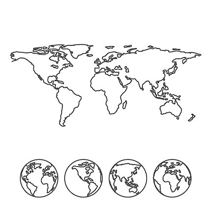Gray outline map of the world with globe icons. Vector illustration Stock Photo - Budget Royalty-Free & Subscription, Code: 400-08190088