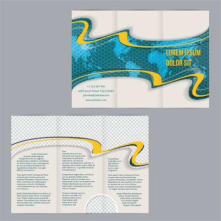 Tri-fold flyer brochure template design with scribbled world map orange waves and photo container Stock Photo - Budget Royalty-Free & Subscription, Code: 400-08190677