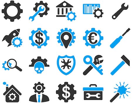Settings and Tools Icons. Vector set style is bicolor flat images, blue and gray colors, isolated on a white background. Stock Photo - Budget Royalty-Free & Subscription, Code: 400-08191881