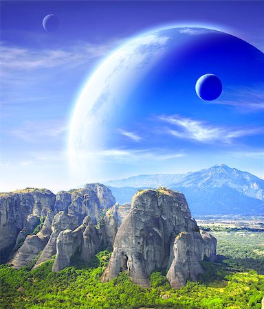 simsearch:400-07291880,k - Fantastic landscape with planet, mountains and jingle Stock Photo - Budget Royalty-Free & Subscription, Code: 400-08192732