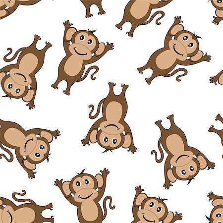 simsearch:400-04382902,k - Seamless Pattern From Funny Cartoon Character Monkey With Smile and  Hands Up Paws Over White Background. Hand Drawn in Front  View Elegant Cute Design. Vector illustration. Stock Photo - Budget Royalty-Free & Subscription, Code: 400-08200088