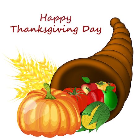 simsearch:400-04227157,k - Thanksgiving day greeting card. Design consist from cornucopia pumpkin, pepper, tomato, apple, ears of wheat and corn over white background.  Very cute and warm colors. Vector illustration. Stock Photo - Budget Royalty-Free & Subscription, Code: 400-08200108