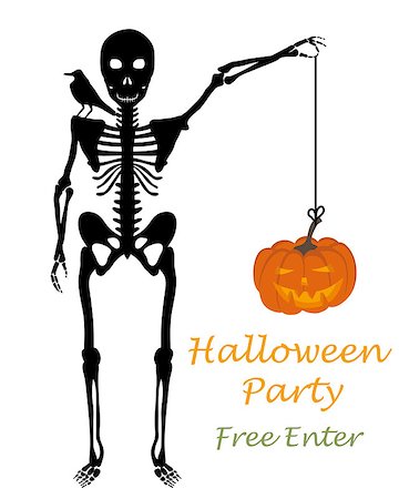 drawn pumpkins - Halloween greeting (invitation) card. Elegant design with skeleton holding hanged pumpkin in hand and raven sitting on his shoulder over white background. Vector illustration. Stock Photo - Budget Royalty-Free & Subscription, Code: 400-08200102