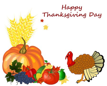 simsearch:400-04227157,k - Thanksgiving day greeting card. Design consist from pumpkin, pepper, tomato, apple, grape, corn, maple leaves and turkey  on white background.  Very cute and warm colors. Vector illustration. Stock Photo - Budget Royalty-Free & Subscription, Code: 400-08200110