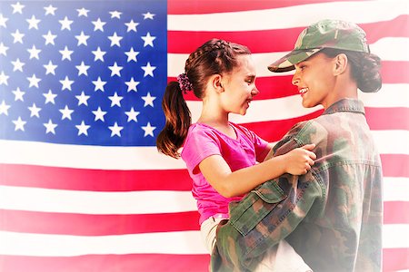 families reuniting - Solider reunited with daughter against rippled us flag Stock Photo - Budget Royalty-Free & Subscription, Code: 400-08200561