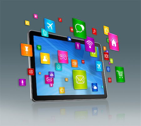 3D Digital Tablet with flying apps icons - isolated on grey Photographie de stock - Aubaine LD & Abonnement, Code: 400-08223549