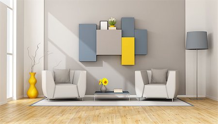 simsearch:400-07513835,k - Modern lounge with two armchair and wall unit on wall - 3D Rendering Foto de stock - Super Valor sin royalties y Suscripción, Código: 400-08254590