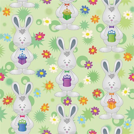 simsearch:400-07424187,k - Seamless pattern, cartoon Easter Bunnies with gift boxes on a floral background. Vector Photographie de stock - Aubaine LD & Abonnement, Code: 400-08255598