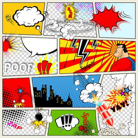 super - Comics Template. Vector Retro Comic Book Speech Bubbles Illustration. Mock-up of Comic Book Page with place for Text, Speech Bubbls, Symbols, Sound Effects, Colored Halftone Background and Superhero Stock Photo - Budget Royalty-Free & Subscription, Code: 400-08256448