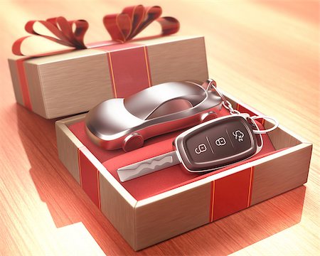 Car key inside a gift box with a red ribbon tied up on the cover. Depth of field with focus on the key button. Stock Photo - Budget Royalty-Free & Subscription, Code: 400-08256487