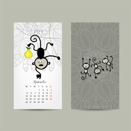 Calendar grid design. Monkey, symbol of year 2016. Vector illustration Stock Photo - Budget Royalty-Free & Subscription, Code: 400-08259434