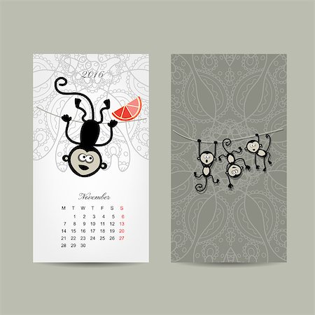 Calendar grid design. Monkey, symbol of year 2016. Vector illustration Stock Photo - Budget Royalty-Free & Subscription, Code: 400-08259431