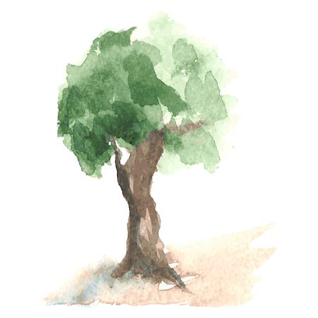 simsearch:400-05698489,k - Old watercolor tree with green foliage which flutters on a wind on clumsy brown trunk, rural tree like apple-tree, sketch drawn by watercolour Stock Photo - Budget Royalty-Free & Subscription, Code: 400-08259778