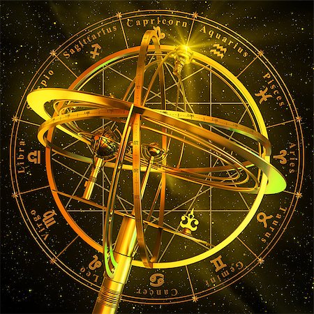 Armillary Sphere With Zodiac Symbols Over Black Background. 3D Scene. Stock Photo - Budget Royalty-Free & Subscription, Code: 400-08251625