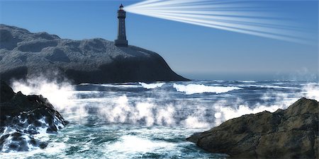 simsearch:400-04272525,k - A lighthouse on a steep cliff sends out a lightbeam to warn of danger to passing ships Stock Photo - Budget Royalty-Free & Subscription, Code: 400-08252735