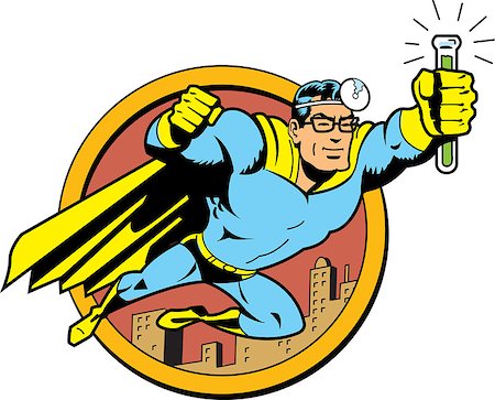 super - Retro Classic Superhero Doctor Medic Flying Over the City with Glasses and Vial of Cure Serum Antidote Stock Photo - Budget Royalty-Free & Subscription, Code: 400-08266152