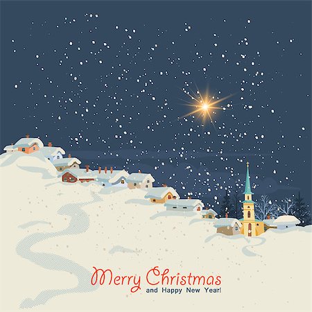 Christmas card in retro style. Winter landscape with a small village at night. Vector illustration. Foto de stock - Super Valor sin royalties y Suscripción, Código: 400-08260123