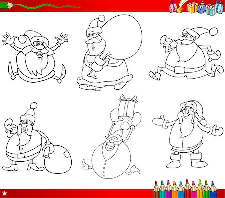 simsearch:400-08708552,k - Coloring Book Cartoon Illustration of Black and White Christmas Themes Set with Santa Claus Stock Photo - Budget Royalty-Free & Subscription, Code: 400-08260738