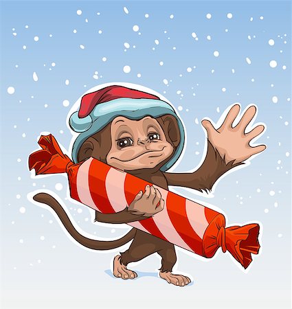 Monkey symbol 2016. Monkey has great candy. Monkey in Santa hats Greeting. Illustration template for Christmas card Stock Photo - Budget Royalty-Free & Subscription, Code: 400-08262712