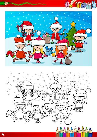simsearch:400-08708552,k - Coloring Book Cartoon Illustration of Children Santa Claus Group on Christmas Time Stock Photo - Budget Royalty-Free & Subscription, Code: 400-08263148