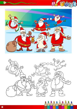 simsearch:400-08708552,k - Coloring Book Cartoon Illustration of Santa Claus Characters Group with Christmas Presents Stock Photo - Budget Royalty-Free & Subscription, Code: 400-08263152
