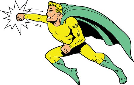 simsearch:400-05741668,k - Classic retro superhero with cape and clenched teeth throwing a punch Stock Photo - Budget Royalty-Free & Subscription, Code: 400-08263943