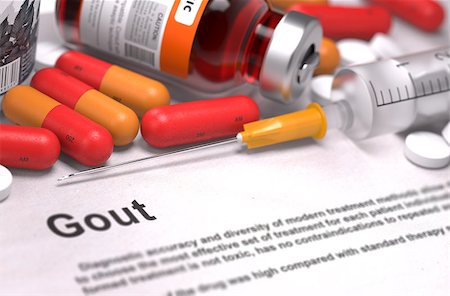 Diagnosis - Gout. Medical Concept with Red Pills, Injections and Syringe. Selective Focus. 3D Render. Foto de stock - Super Valor sin royalties y Suscripción, Código: 400-08287696