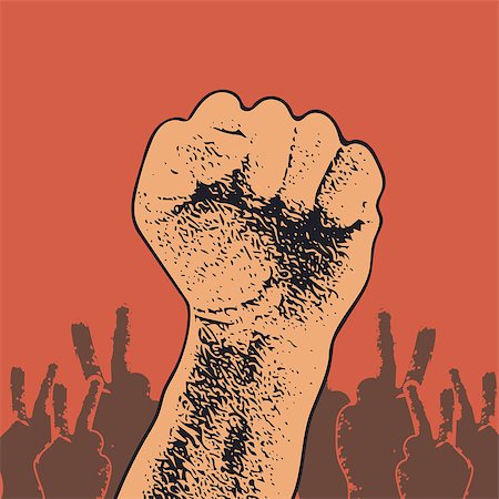 simsearch:400-06172579,k - Hand Up Proletarian Revolution - Vector Illustration Concept in Soviet Union Agitation Style. Fist of revolution. Human hand up. Red background. Design element. Stock Photo - Budget Royalty-Free & Subscription, Code: 400-08289310