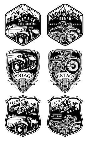 set of retro badges with car and motorcycle on the background with mountains Stock Photo - Budget Royalty-Free & Subscription, Code: 400-08295647