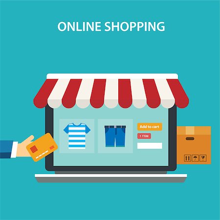 shop cart cash - online shopping concept flat design Stock Photo - Budget Royalty-Free & Subscription, Code: 400-08296095