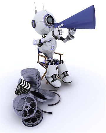 simsearch:400-06396346,k - 3D Render of a Robot in directors chair with megaphone Stock Photo - Budget Royalty-Free & Subscription, Code: 400-08296334
