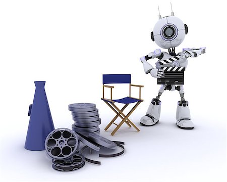 simsearch:400-06396346,k - 3D Render of a Robot in directors chair with megaphone Stock Photo - Budget Royalty-Free & Subscription, Code: 400-08296336