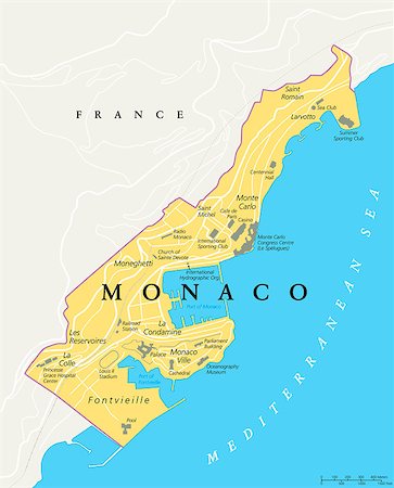 Monaco political map. City state in on the French Riviera, France, with national borders, important buildings and sights. English labeling and scaling. Illustration. Stock Photo - Budget Royalty-Free & Subscription, Code: 400-08297134
