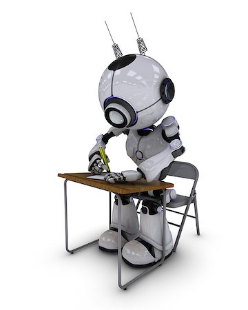simsearch:400-06396346,k - 3D Render of a Robot at school desk Stock Photo - Budget Royalty-Free & Subscription, Code: 400-08298740