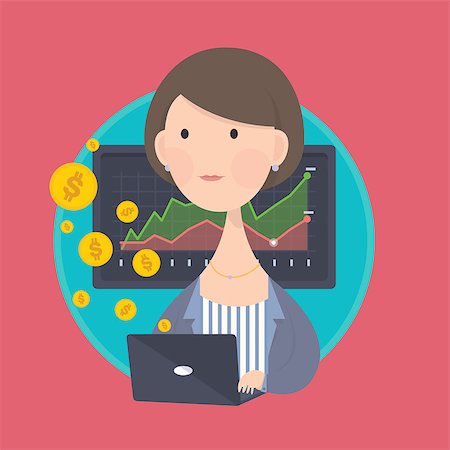 Vector illustration of a Business Woman Working with Computer Do  Financial graph with Golden Coins. Stock Photo - Budget Royalty-Free & Subscription, Code: 400-08290953