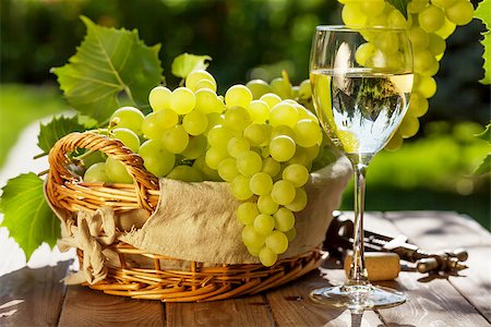 simsearch:846-05647552,k - White wine glass, vine and bunch of grapes on garden table Stock Photo - Budget Royalty-Free & Subscription, Code: 400-08291404