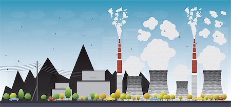 simsearch:400-07171274,k - Coal power plant or factory pipes with smoke. Vector Illustration with yellow tree and blue sky Stock Photo - Budget Royalty-Free & Subscription, Code: 400-08291663