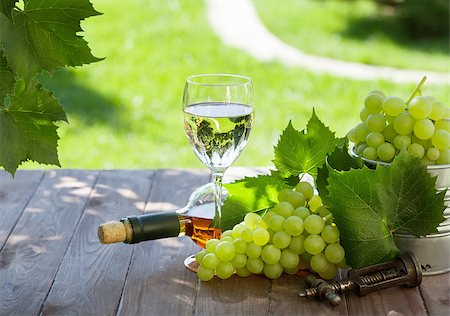 simsearch:846-05647552,k - White wine bottle and glass with white grape on garden table Stock Photo - Budget Royalty-Free & Subscription, Code: 400-08300746