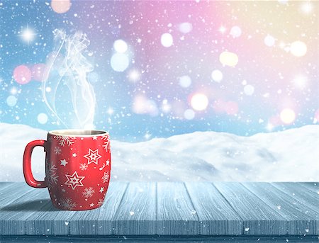 3D render of a Christmas mug on a wooden table against a snowy landscape Stock Photo - Budget Royalty-Free & Subscription, Code: 400-08319957