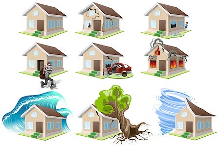 flooded homes - Set homes misfortune. House insurance. Property insurance. Isolated on white vector illustration Stock Photo - Budget Royalty-Free & Subscription, Code: 400-08320275