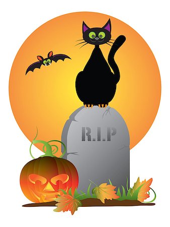 simsearch:400-06418836,k - Halloween Black Cat Sitting on Tombstone with Jack-O-Lantern Pumpkin and Flying Bat Illustration Stock Photo - Budget Royalty-Free & Subscription, Code: 400-08335923